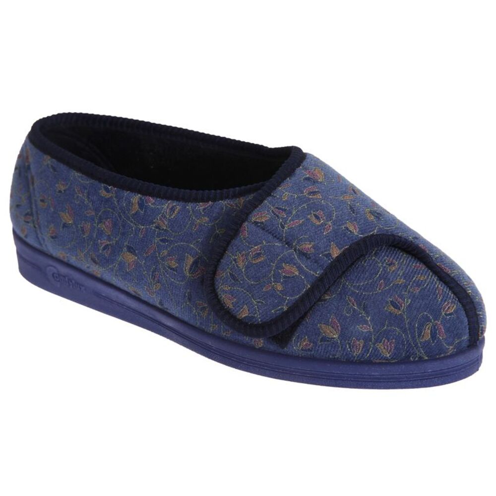 Comfylux Womens/Ladies Helen Floral Superwide Velcro Slippers / Blueberry